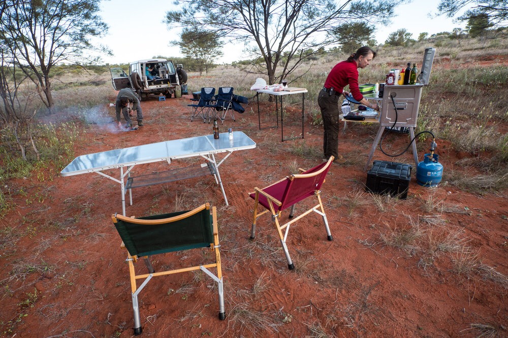  Typical camp during our trip with Graham Jackson and Connie Rodman: meat on the brai (Front Runner grill), Kanz Kitchen deployed. | Jonathan Hanson 