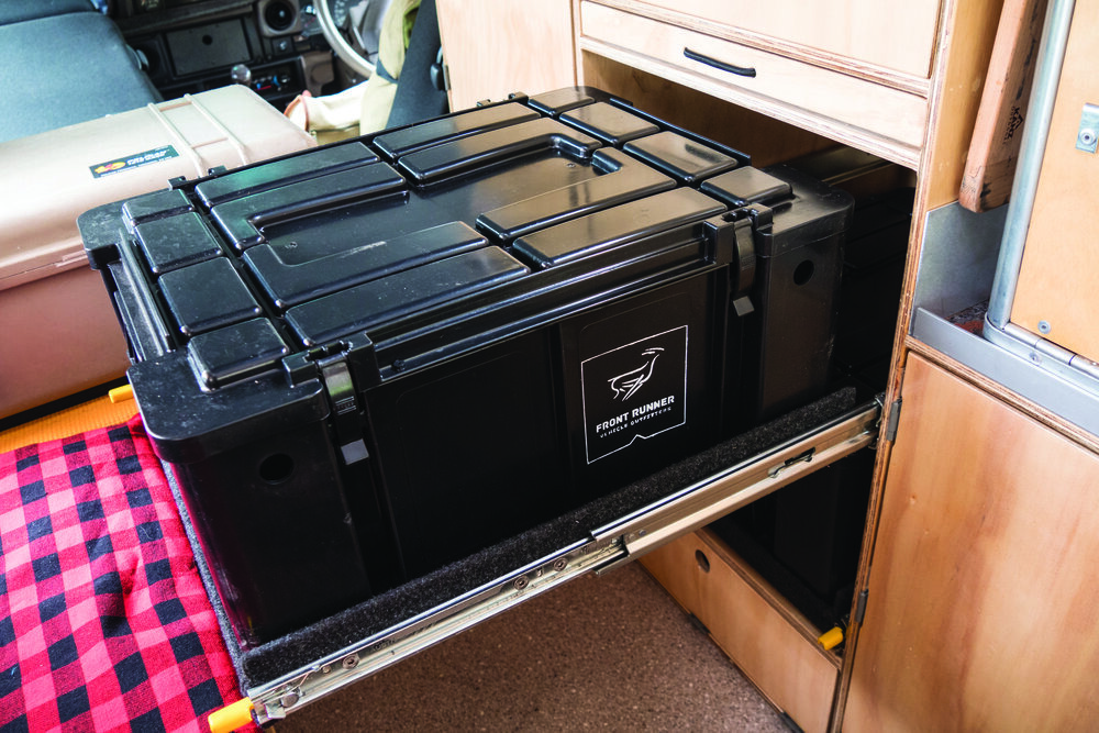  Wolf Pack kitchen storage boxed slide out on rollers, and can be removed for cooking outside. | Photo: Jonathan and Roseann Hanson 