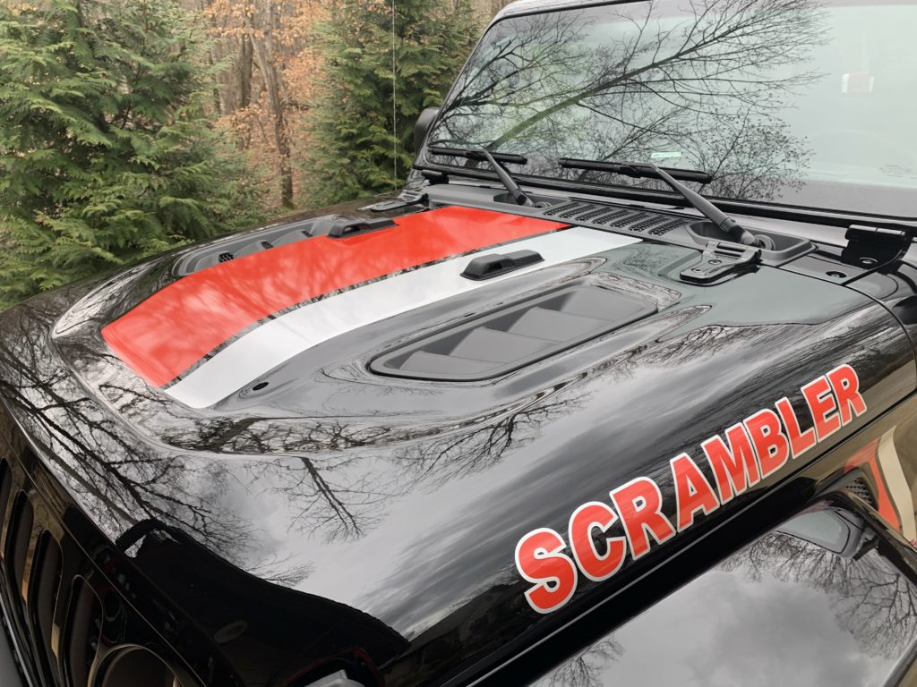 Scrambler hood stripes and lettering.