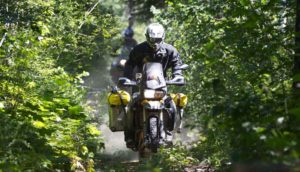 Adventure motorcycle going through a tree-covered trail