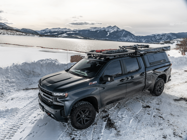 Chevy truck in the snow.