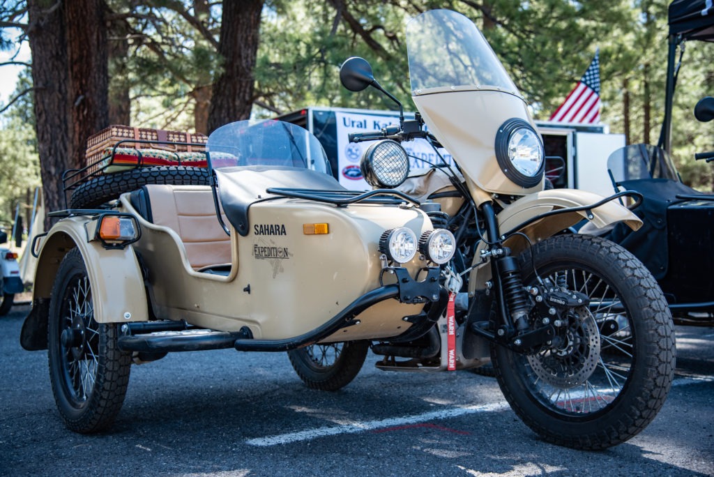 Tan Ural motorcycle at Overland Expo