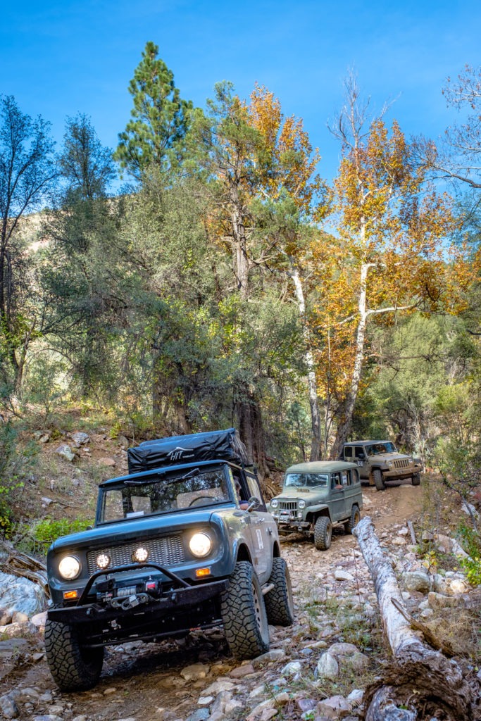 Rigs on rocky trail with evergreens in the background. 