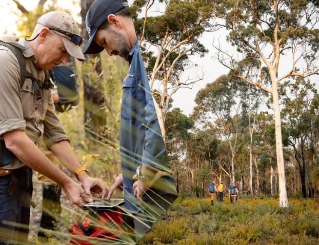 Close up hikers in Australian woodlands.