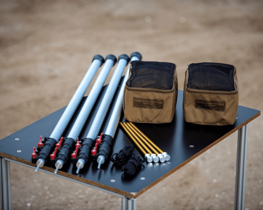 Poles, stakes, and thermal blanket of the Sweet Spot Kit.