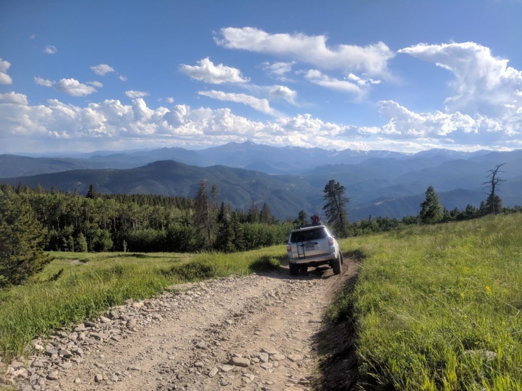 Toyota 4Runner navigating an off-camber portion on forest service road in Roosevelt National Forest