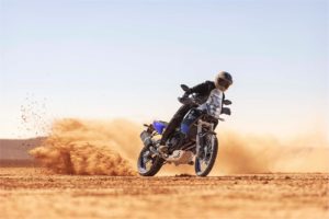 Adventure rider on Yamaha Tenere 700 in the sand