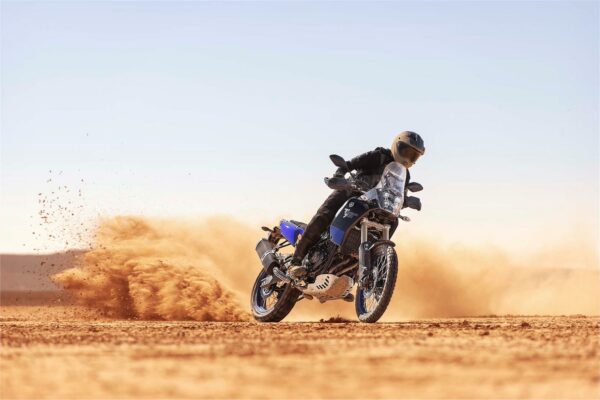 Adventure rider on Yamaha Tenere 700 in the sand