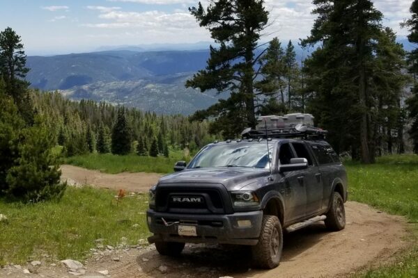 RAM pickup climbing section of forest road.