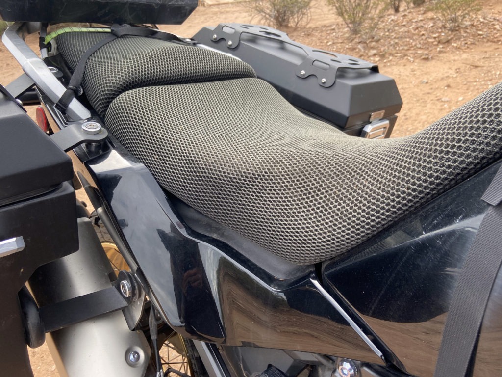 KonTour motorcycle seat closeup in the desert