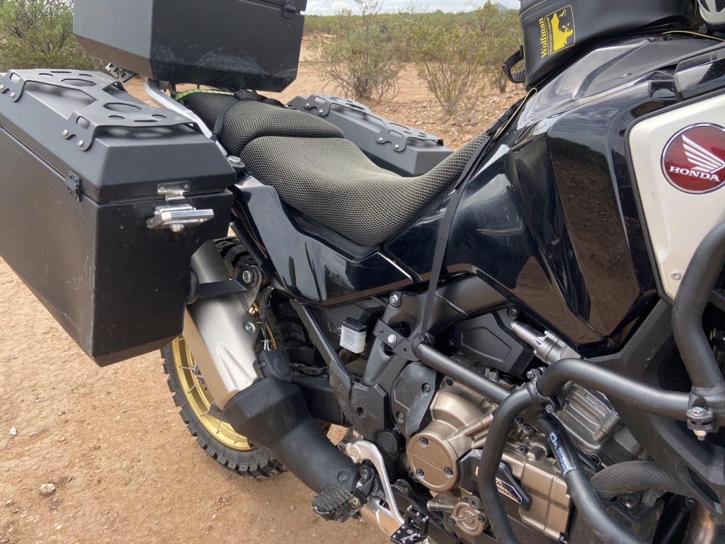 KonTour motorcycle seat on Honda Africa Twin bike in the desert