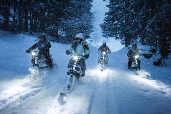 Riding MoonBike Electric Motorcycles Snow at Night