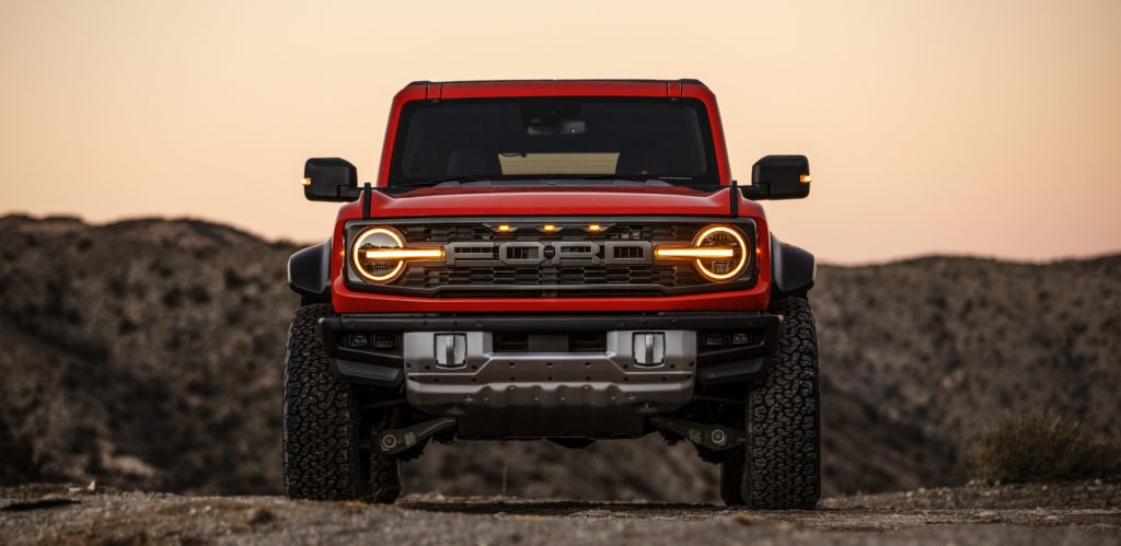 Front view of the 2022 Ford Bronco Raptor in the desert.