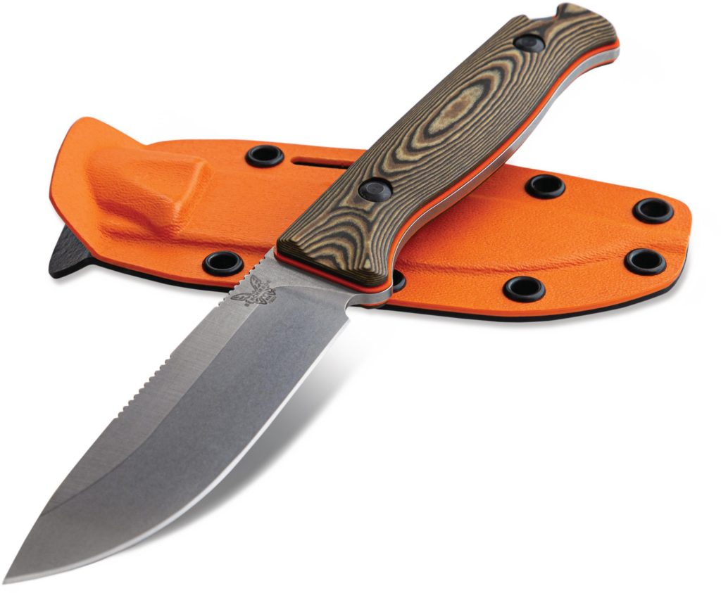 Close up of the Benchmade Saddle Mountain fixed blade knife and sheath.