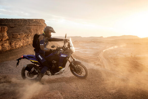 Yamaha Tenere World Raid overlooking the desert adventure riding