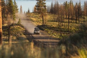 Overland vehicle exploring Deschutes National Forest near Bend, Oregon.