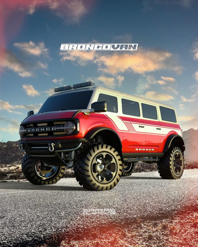 Rendering of a cross between a Ford Bronco and a van called the BroncoVan.