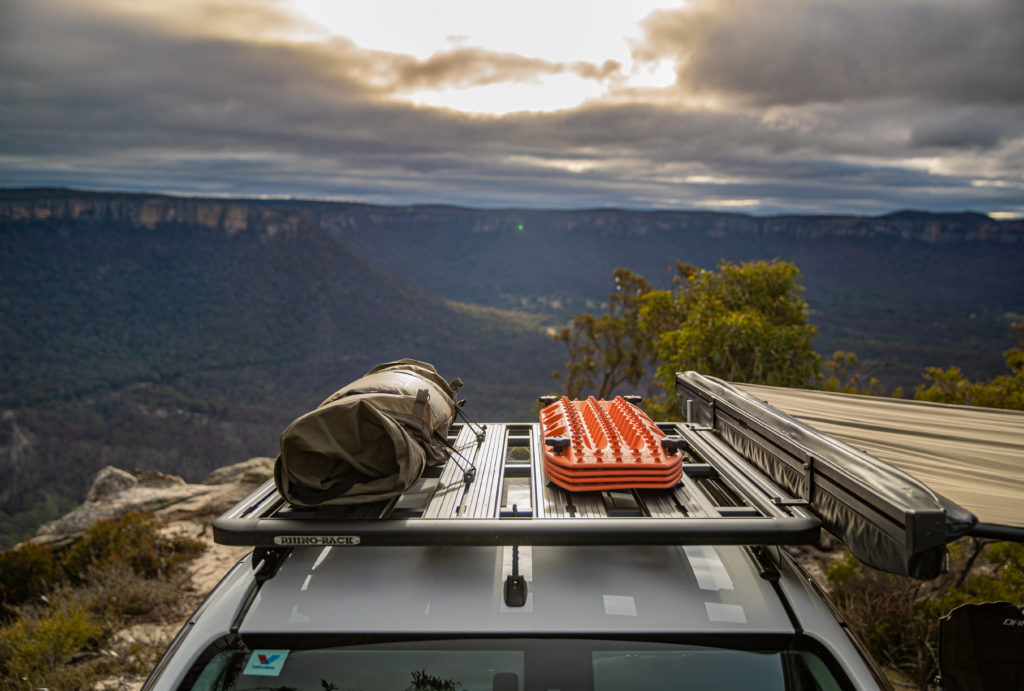 Rhino-Rack's Pioneer Platform show with optional accessories in the backcountry