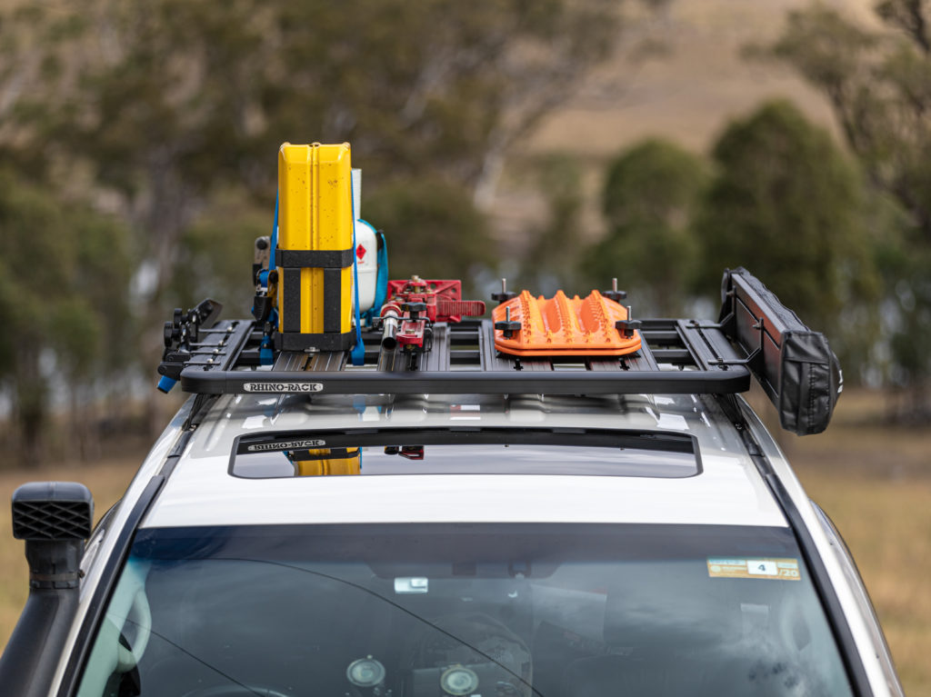 Rhino-Rack's Pioneer Platform show with optional accessories in the backcountry