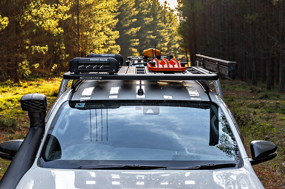 Rhino-Rack's Pioneer Platform show with optional accessories in the backcountry