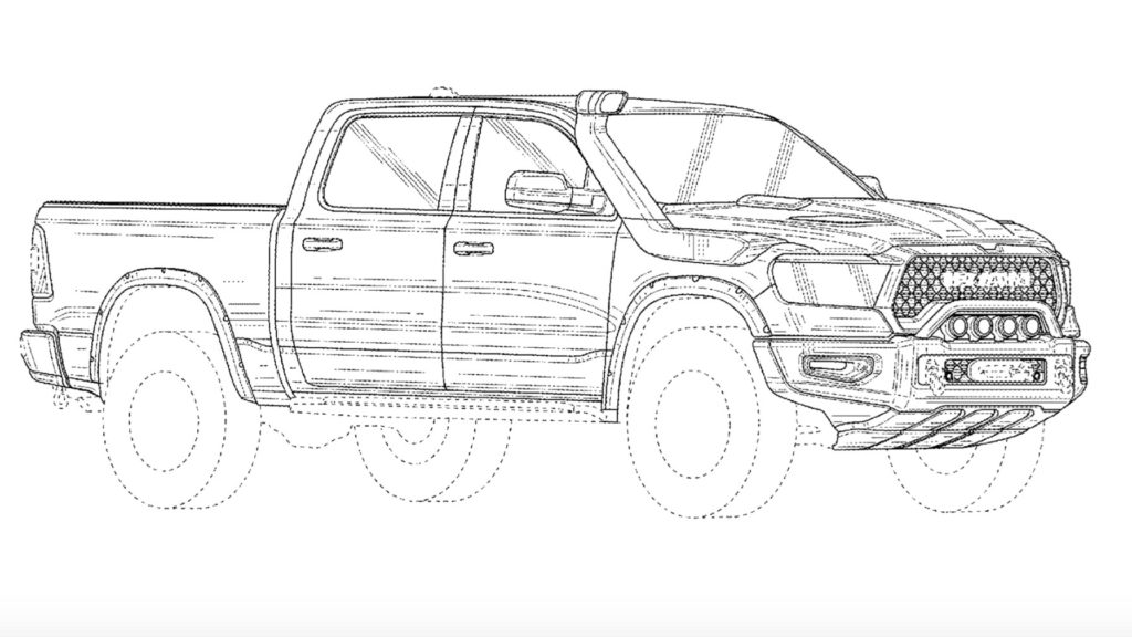 Snorkel and winch equipped patent drawings of Ram 1500.