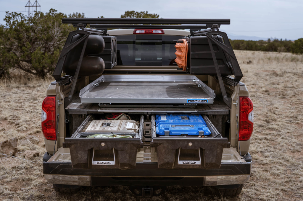 DECKED Drawer System with CargoGlide mounted on top.