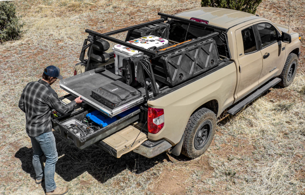 DECKED Drawer System with CargoGlide mounted on top.