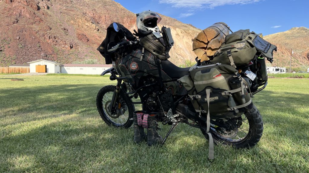 ADV motorcycle loaded up with camping gear