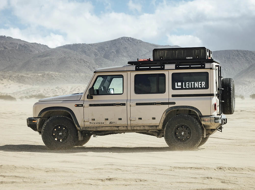 Leitner Designs, INEOS Grenadier, overlanding rigs, roof racks, gear racks, RTT, rooftop tent, crossbars, MOLLE, camping equipment, Defender, land rover, aux lighting, Baja Designs,