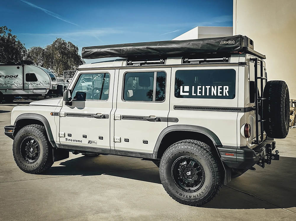 Leitner Designs, INEOS Grenadier, overlanding rigs, roof racks, gear racks, RTT, rooftop tent, crossbars, MOLLE, camping equipment, Defender, land rover, aux lighting, Baja Designs,