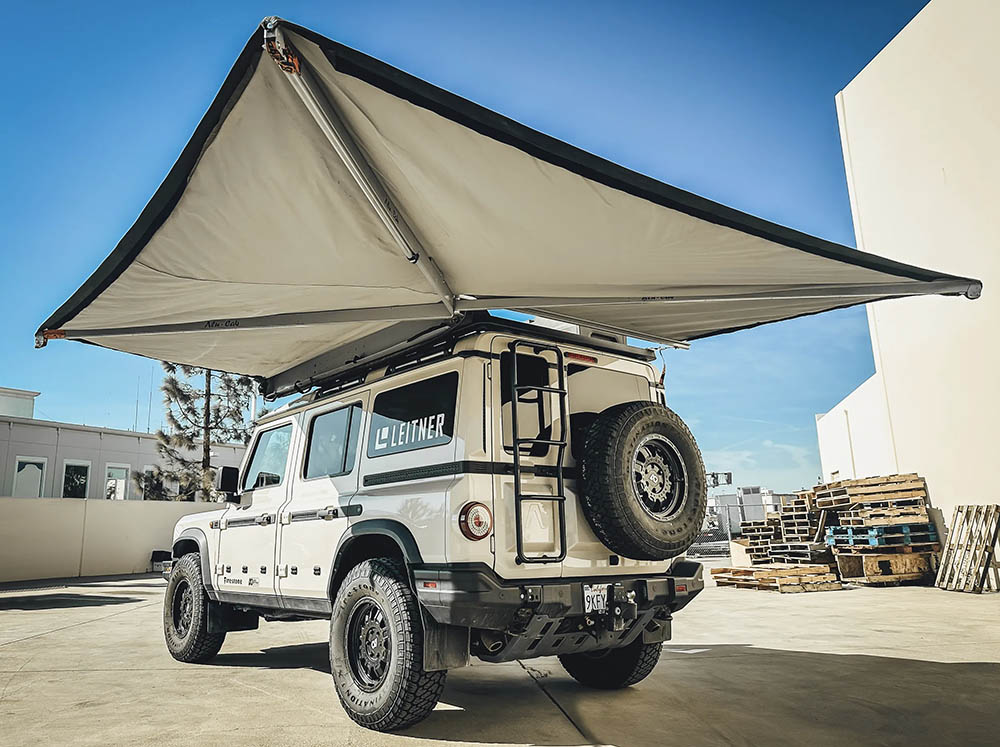 Leitner Designs, INEOS Grenadier, overlanding rigs, roof racks, gear racks, RTT, rooftop tent, crossbars, MOLLE, camping equipment, Defender, land rover, aux lighting, Baja Designs,