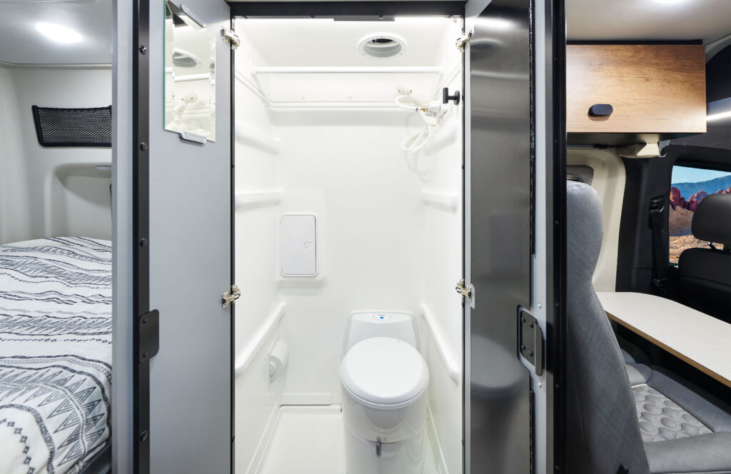 Winnebago Revel camper van interior bathroom.