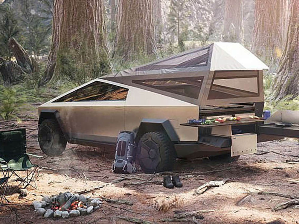 Tesla Motors, Cybertruck, Cybertruck Cybertent, Cybertruck overlanding, pickup bed tent, rooftop tent, Elon Musk, cyber overlanding, 