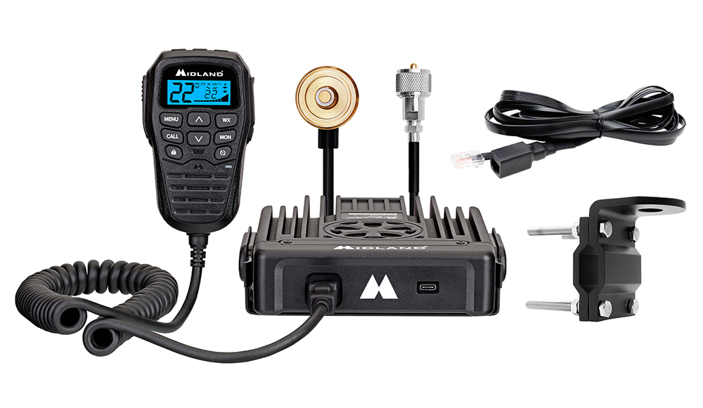 Comms: Midland MXT575VP4 Two-Way Radio, MXMC01 Microphone, and