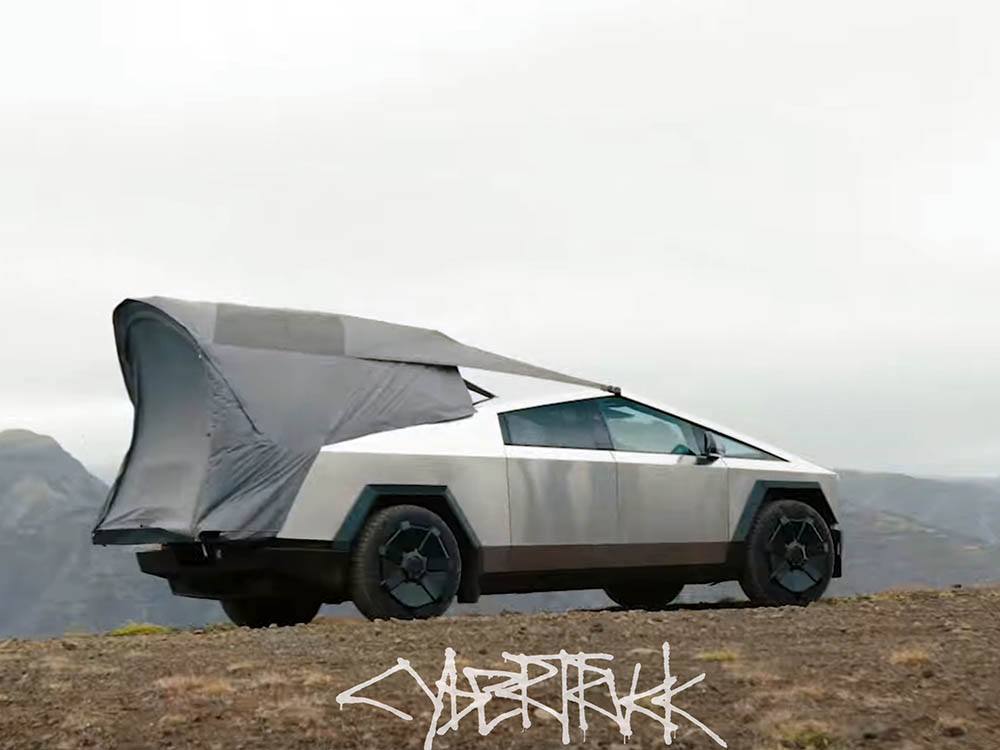 Tesla Motors, Cybertruck, Cybertruck Cybertent, Cybertruck overlanding, pickup bed tent, rooftop tent, Elon Musk, cyber overlanding,