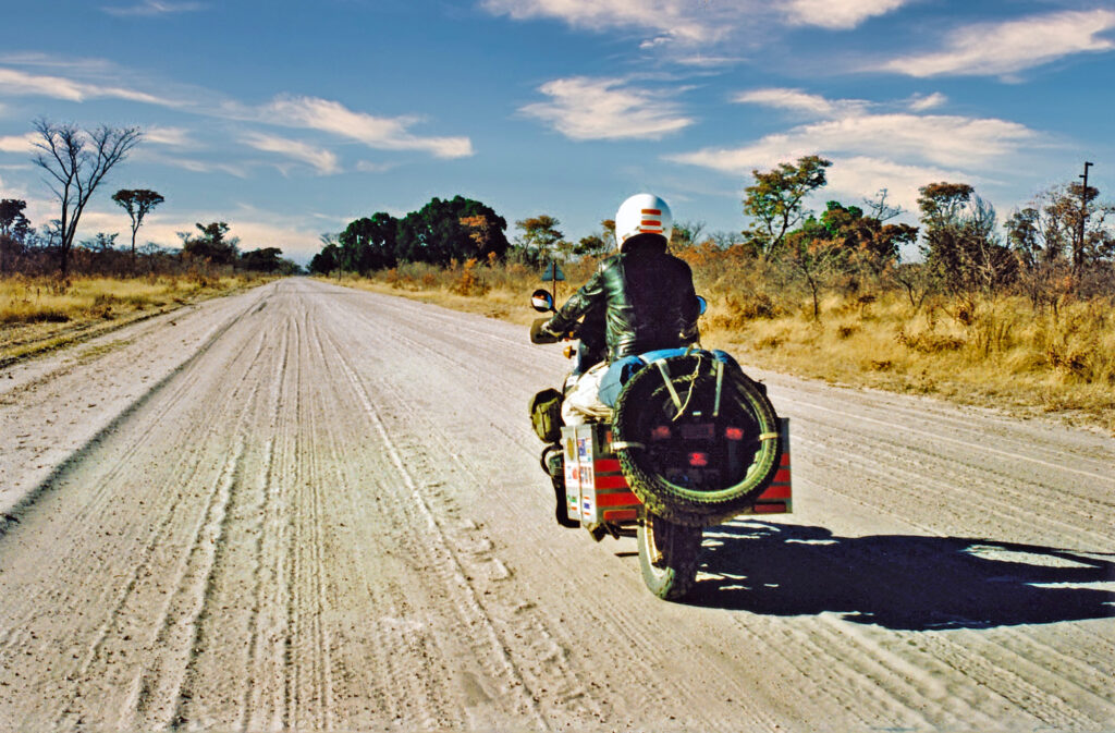 Sam Manicom on a motorcycle trip in Botswana.