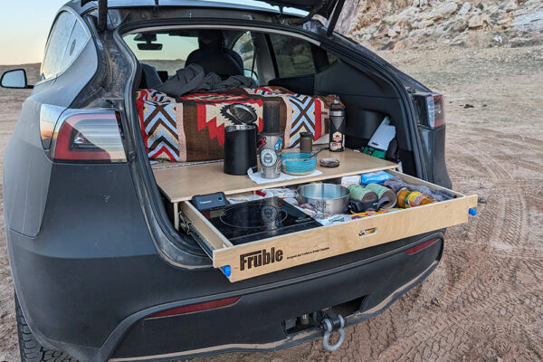 Camping gear, car camping, trailer camping, EV camping, Tesla Model Y, Rivian Model R1S, EV, electric trucks, Fruble, slideouts,